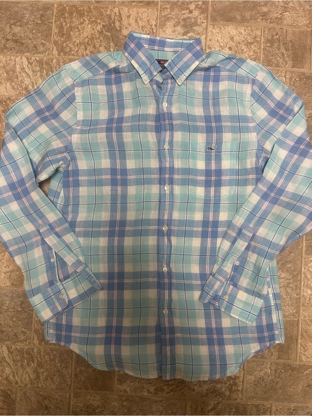 Vineyard Vines Light Blue and Aqua Plaid Button-Down Shirt